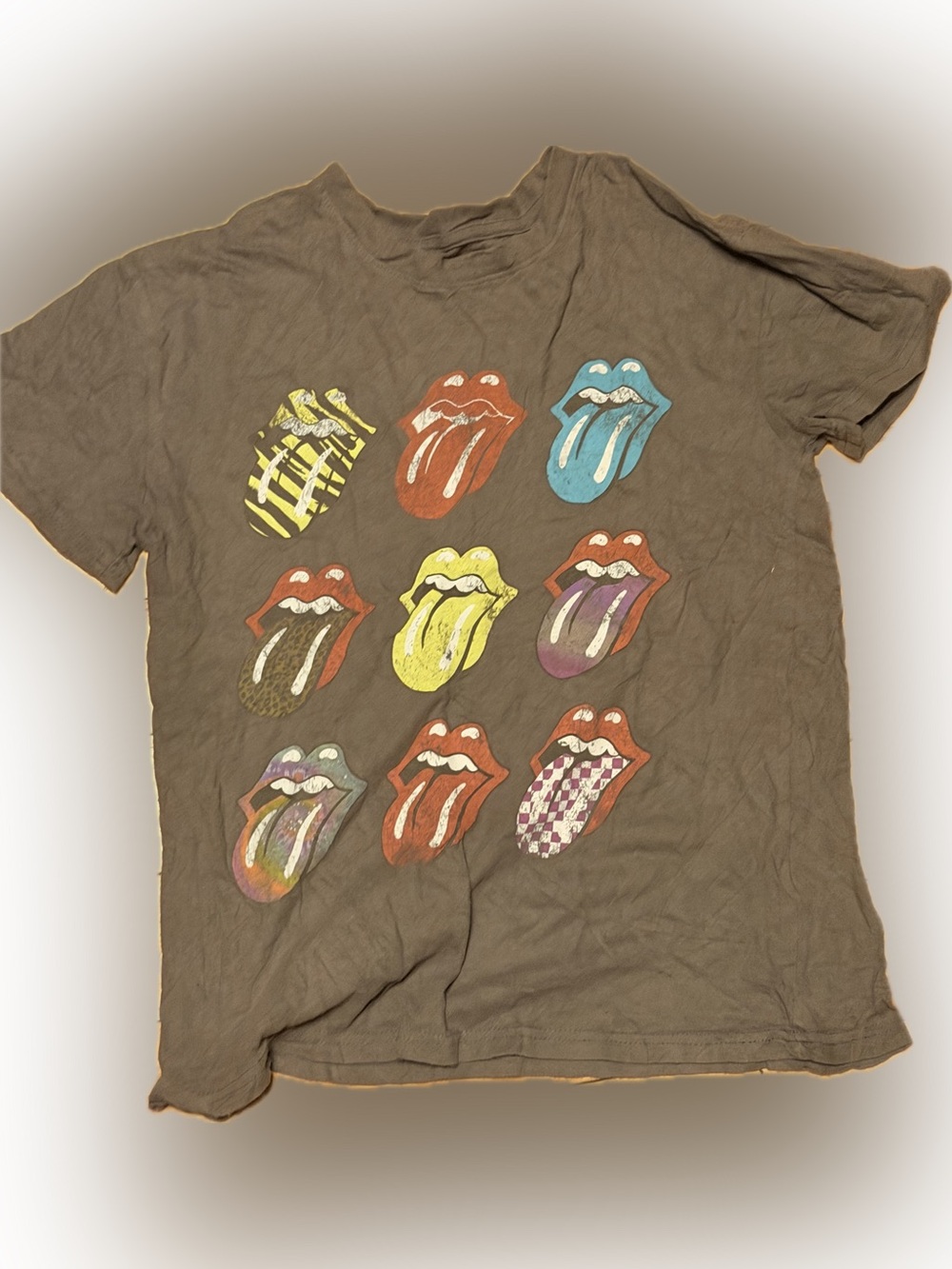 the Rolling Stones Brown Short Sleeve Tee with Colorful Tongue Grid XS